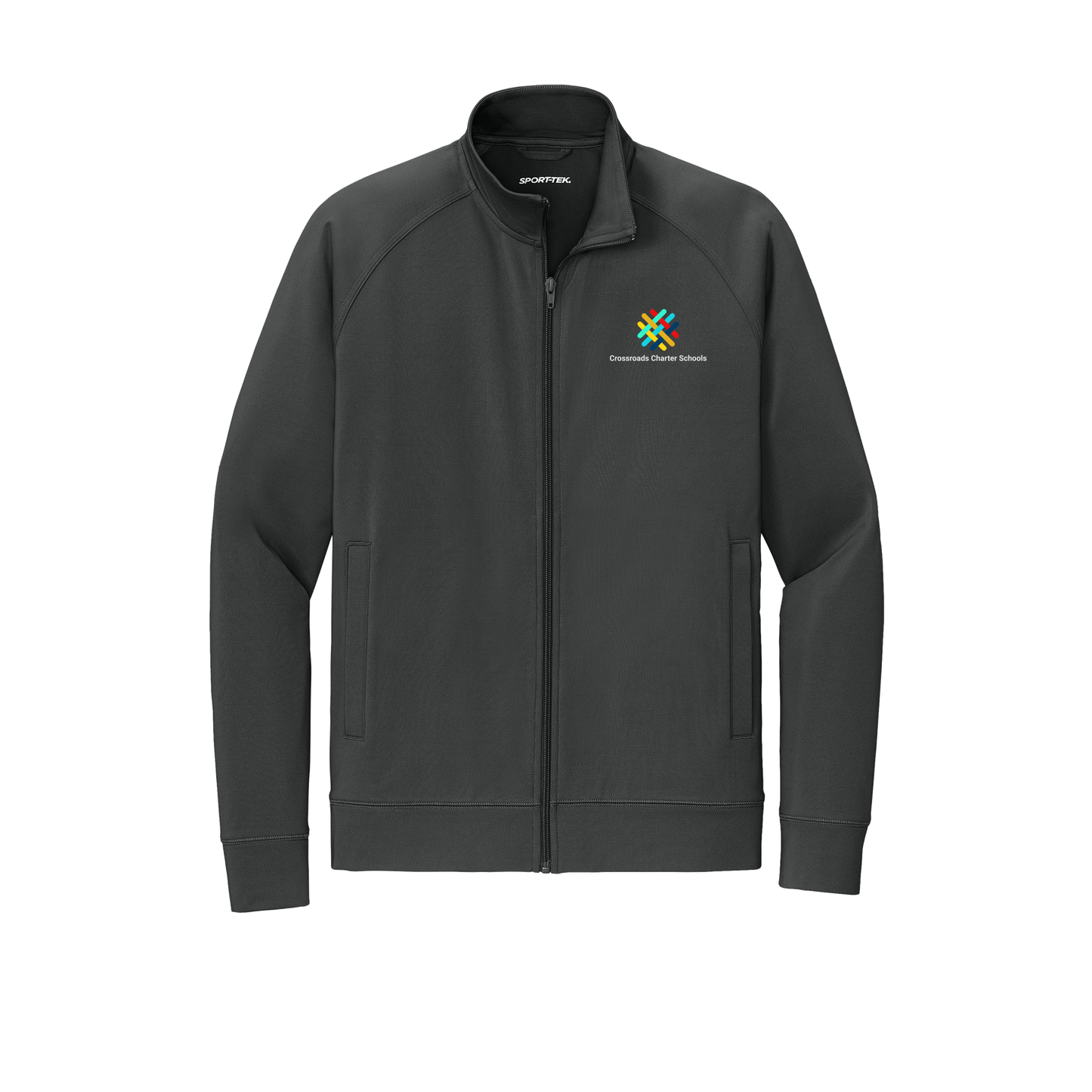 crossroadsschoolskc-sport-tek-mens-cadet-jacket-embroidery-leftchest-ST857-charcoalgrey-flat-front