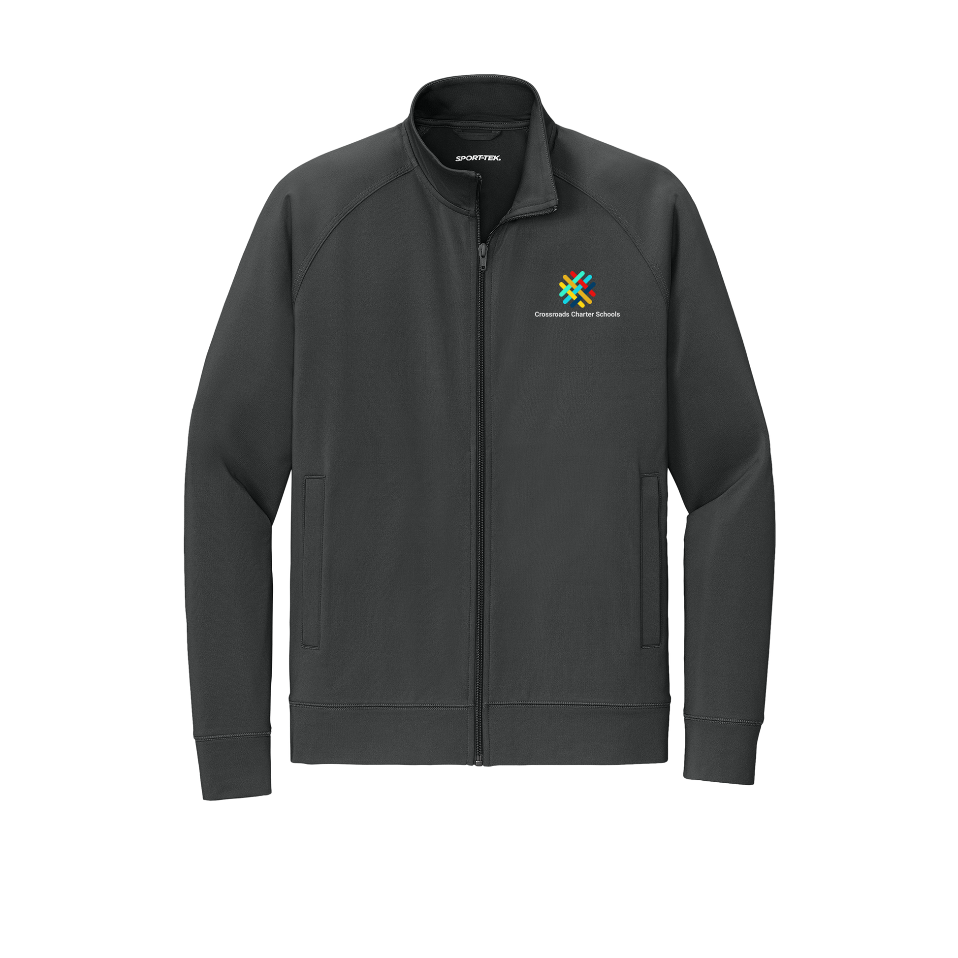 crossroadsschoolskc-sport-tek-mens-cadet-jacket-embroidery-leftchest-ST857-charcoalgrey-flat-front