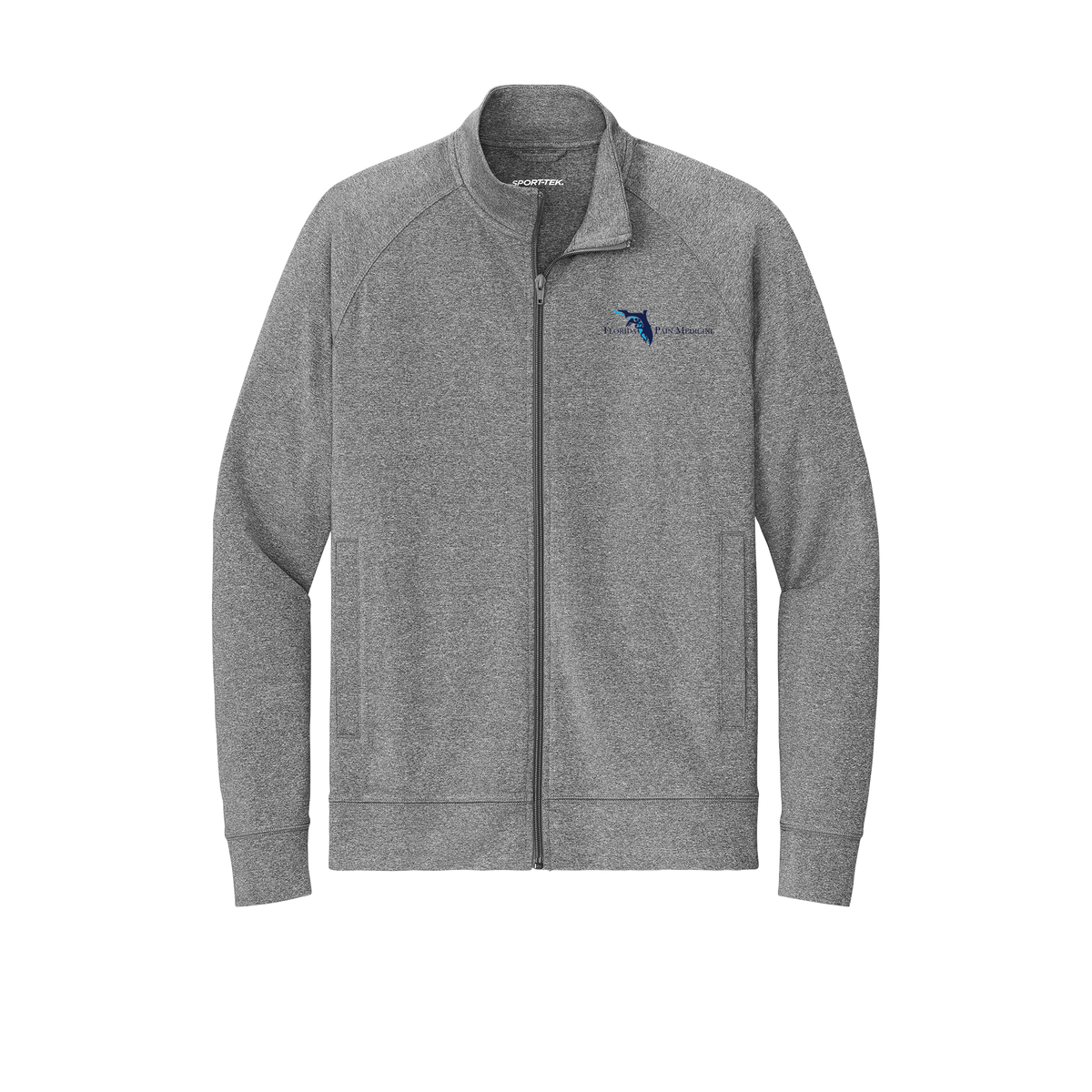 floridapainmedicine-sport-tek-mens-cadet-jacket-embroidery-leftchest-ST857-charcoalgreyheather-flat-front