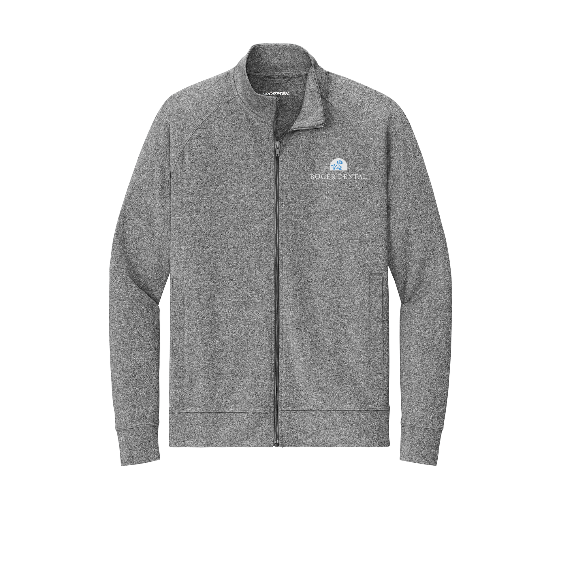 boger-dental-sport-tek-mens-cadet-jacket-embroidery-leftchest-ST857-charcoalgreyheather-flat-front