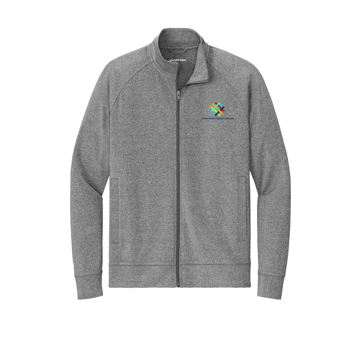 crossroadsschoolskc-sport-tek-mens-cadet-jacket-embroidery-leftchest-ST857-charcoalgreyheather-flat-front