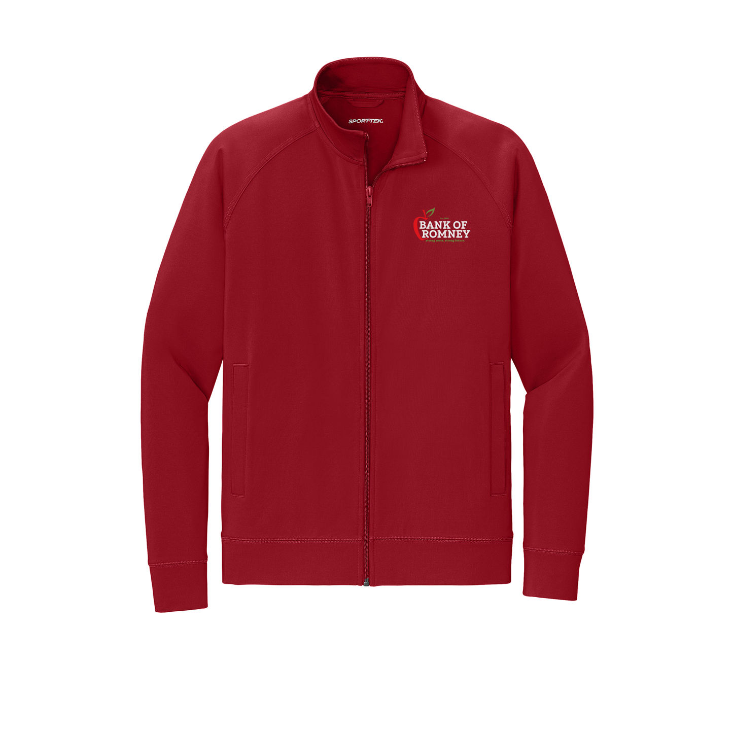 bankofromney-sport-tek-mens-cadet-jacket-embroidery-leftchest-ST857-deepred-flat-front