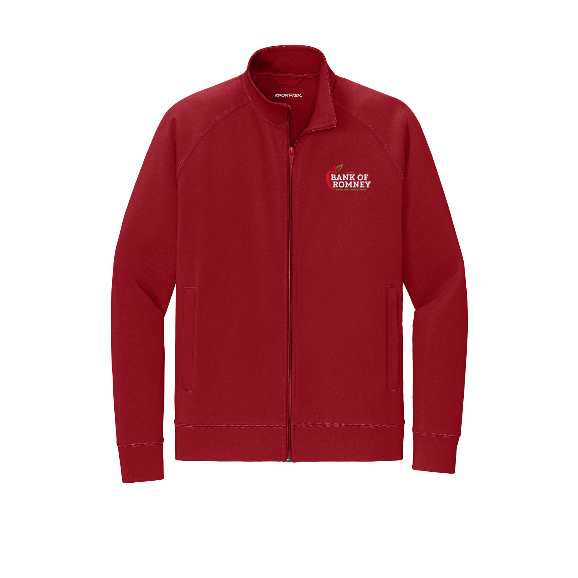 bankofromney-sport-tek-mens-cadet-jacket-embroidery-leftchest-ST857-deepred-flat-front