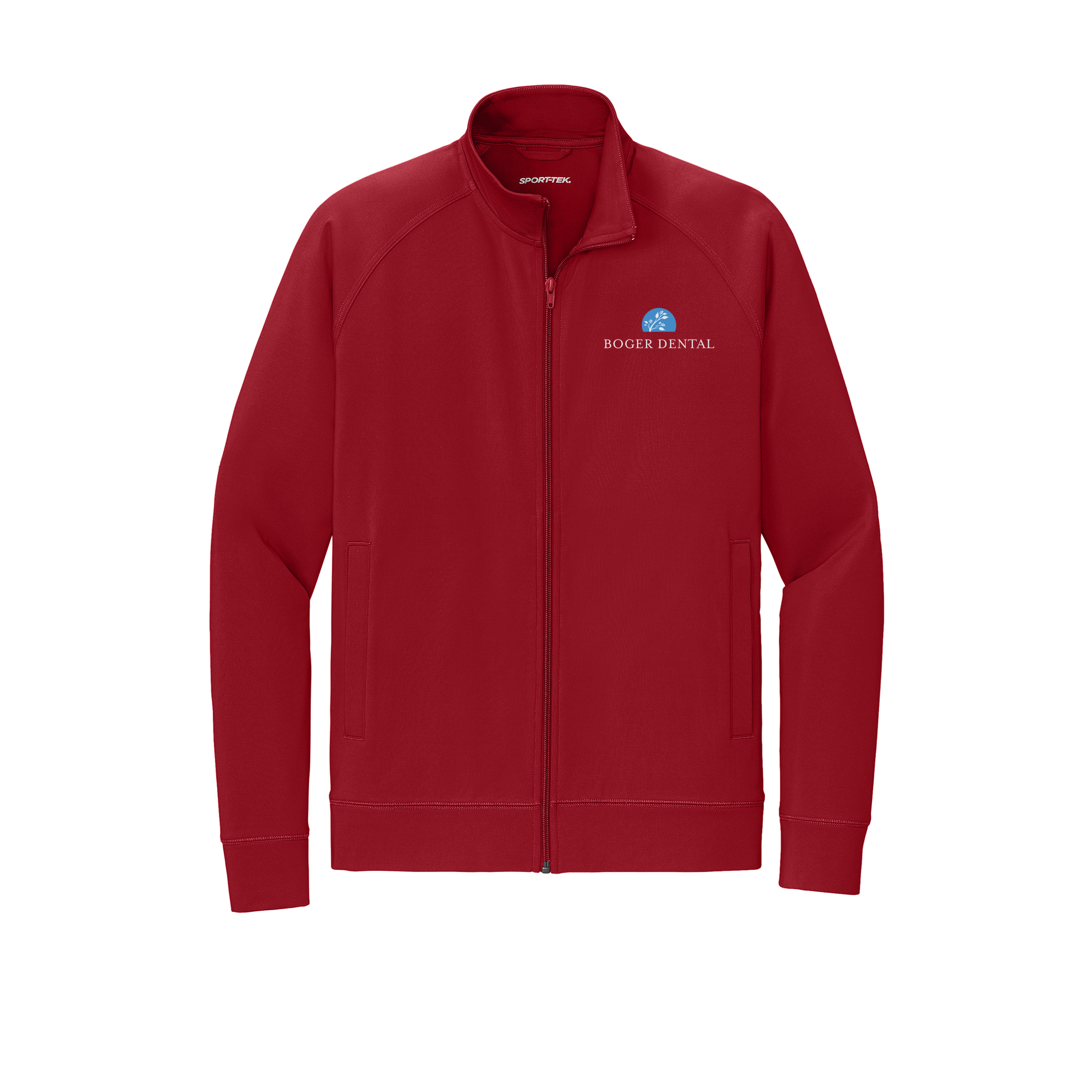 boger-dental-sport-tek-mens-cadet-jacket-embroidery-leftchest-ST857-deepred-flat-front