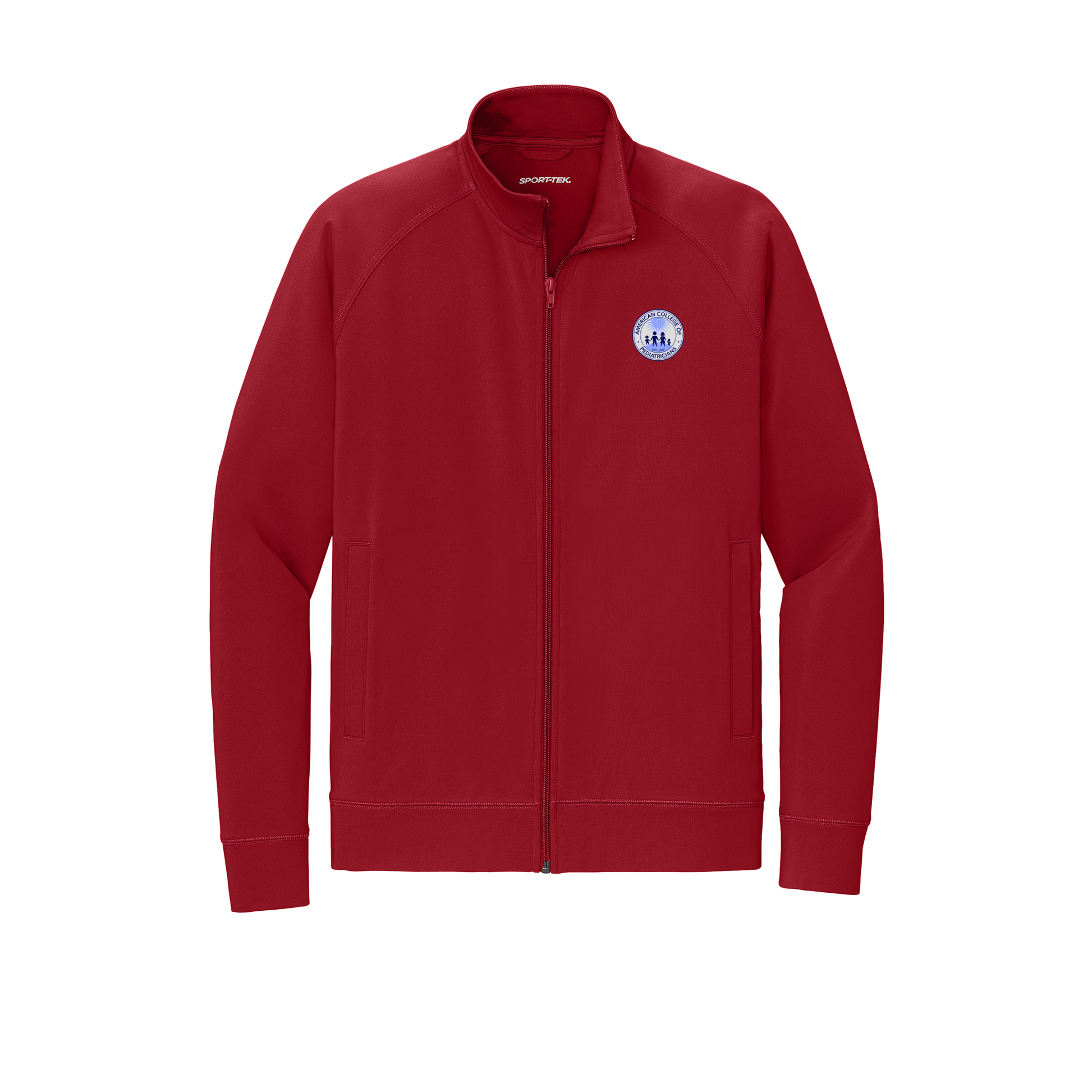 acpeds-sport-tek-mens-cadet-jacket-embroidery-leftchest-ST857-deepred-flat-front