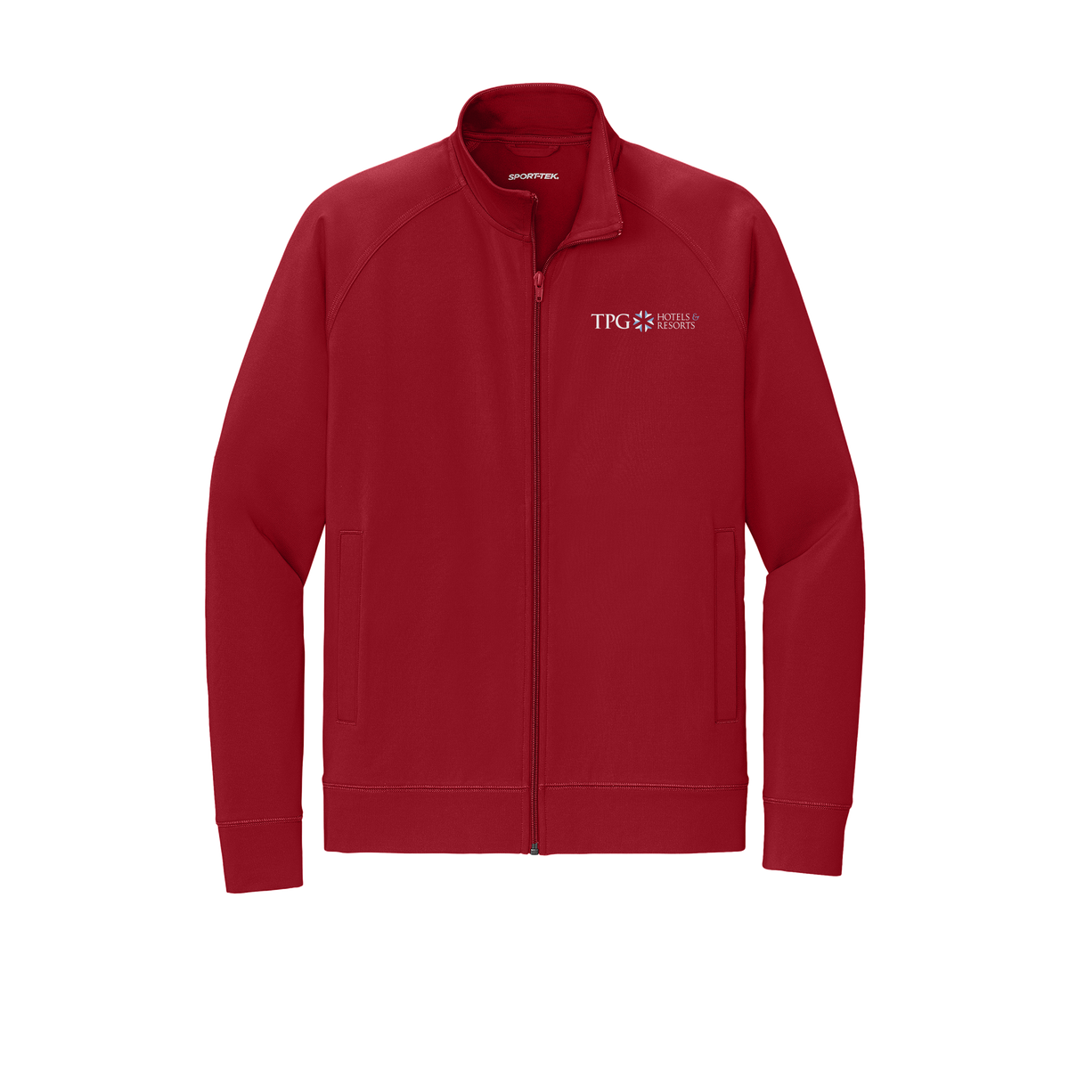 tpghotelsandresorts-sport-tek-mens-cadet-jacket-embroidery-leftchest-ST857-deepred-flat-front