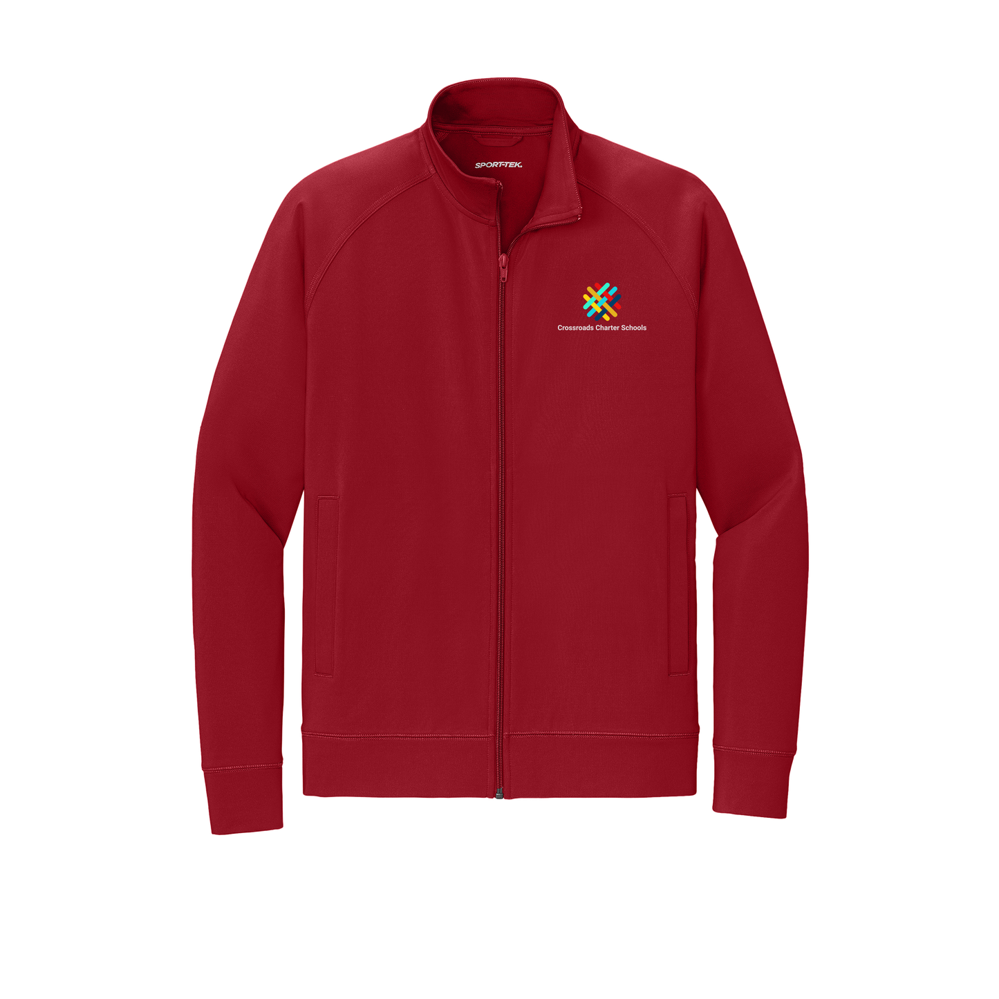 crossroadsschoolskc-sport-tek-mens-cadet-jacket-embroidery-leftchest-ST857-deepred-flat-front