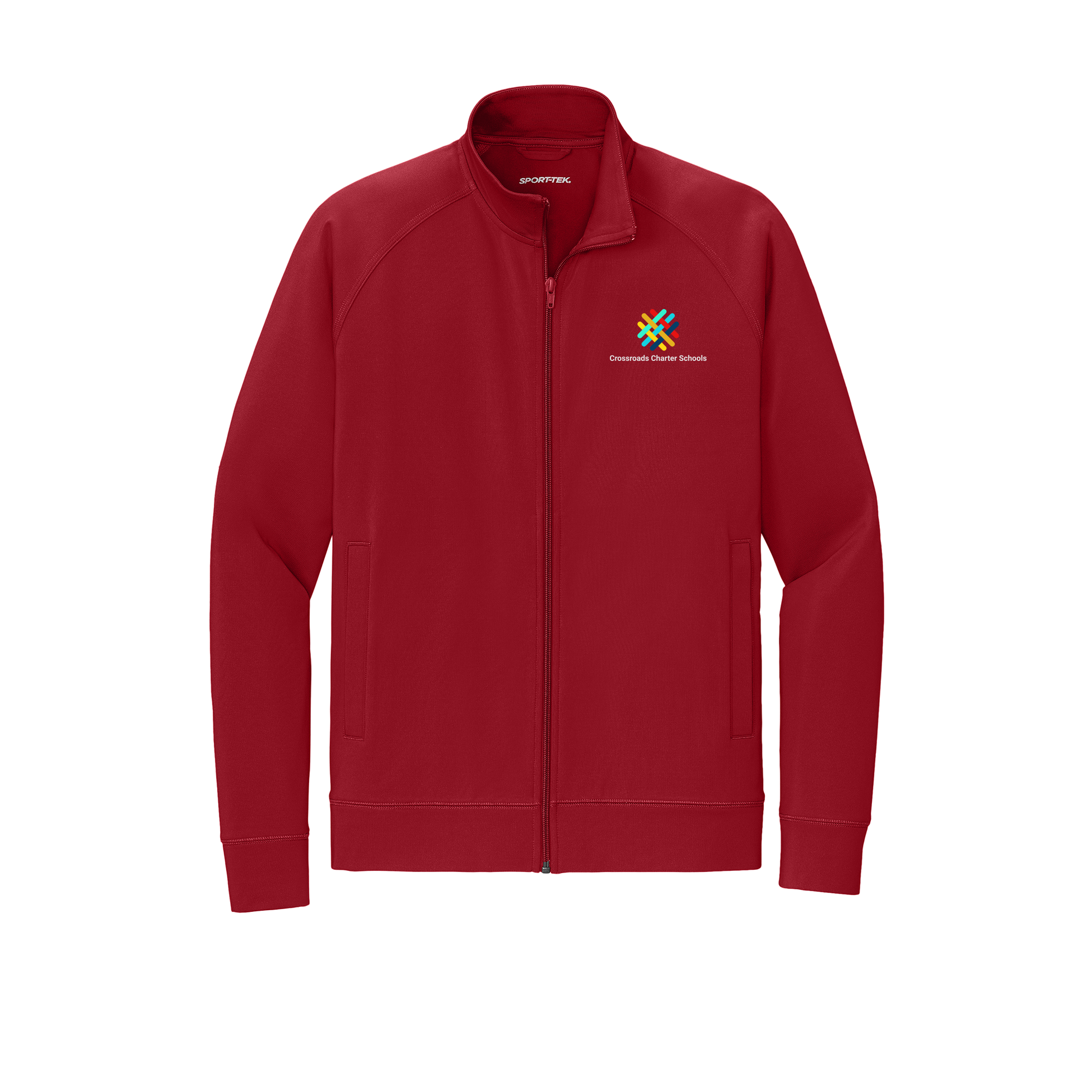 crossroadsschoolskc-sport-tek-mens-cadet-jacket-embroidery-leftchest-ST857-deepred-flat-front