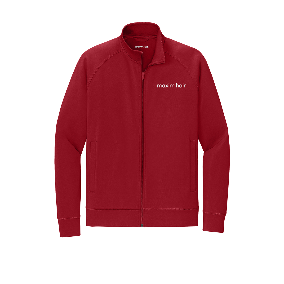 maximhairrestoration-sport-tek-mens-cadet-jacket-embroidery-leftchest-ST857-deepred-flat-front
