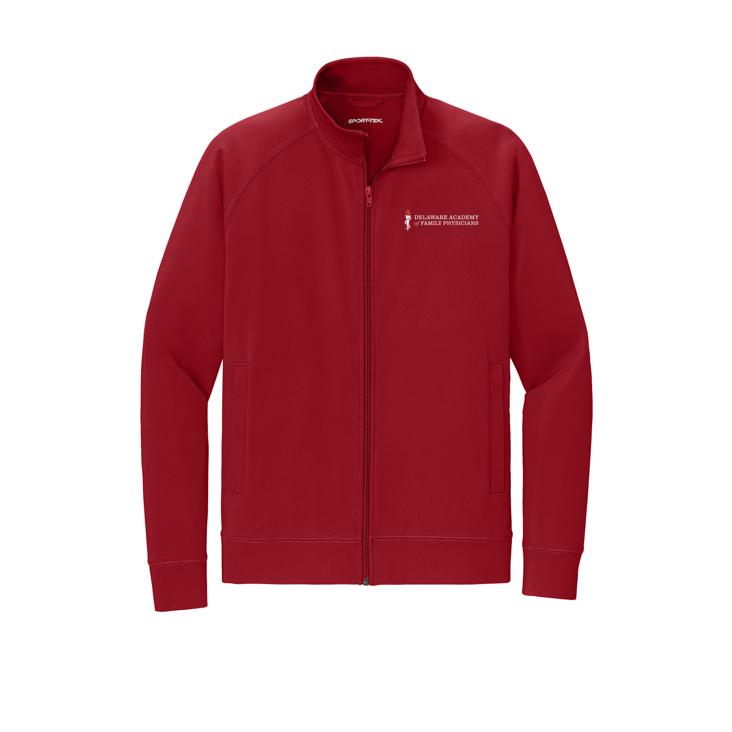 delfamdoc-sport-tek-mens-cadet-jacket-embroidery-leftchest-ST857-deepred-flat-front