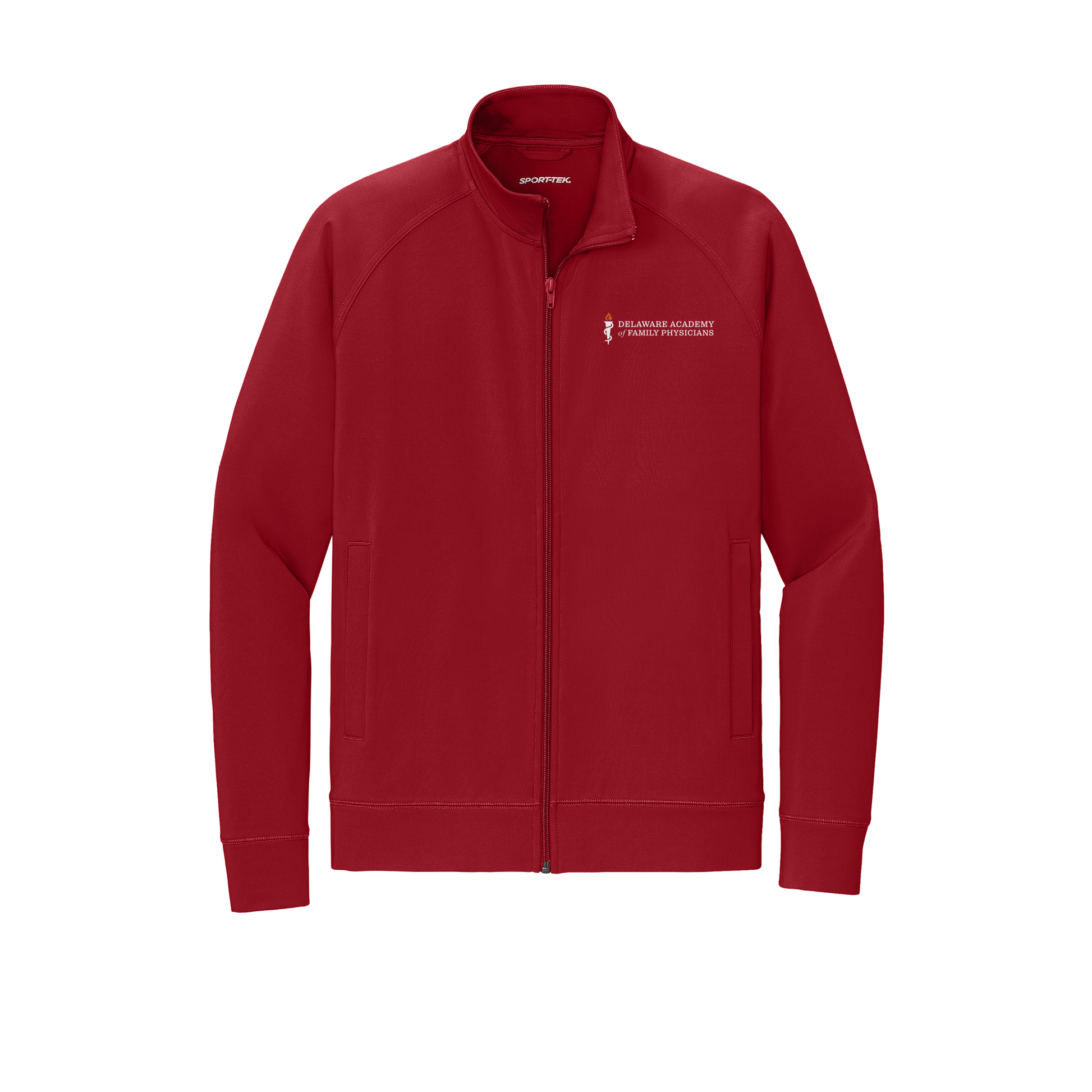 delfamdoc-sport-tek-mens-cadet-jacket-embroidery-leftchest-ST857-deepred-flat-front