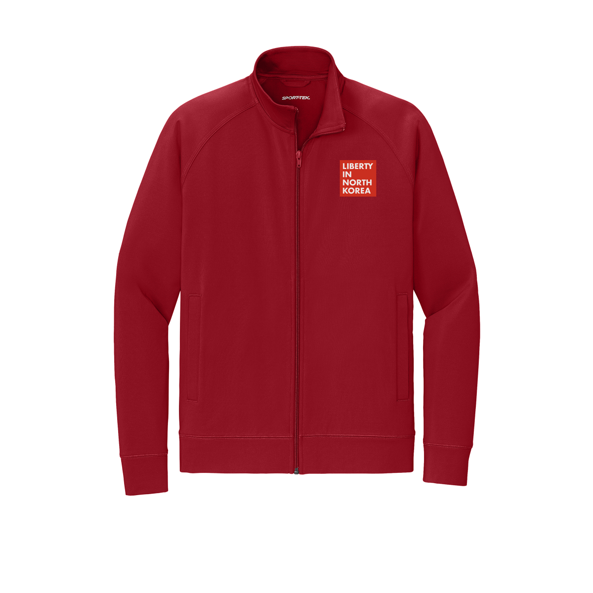 libertyinnorthkorea-sport-tek-mens-cadet-jacket-embroidery-leftchest-ST857-deepred-flat-front