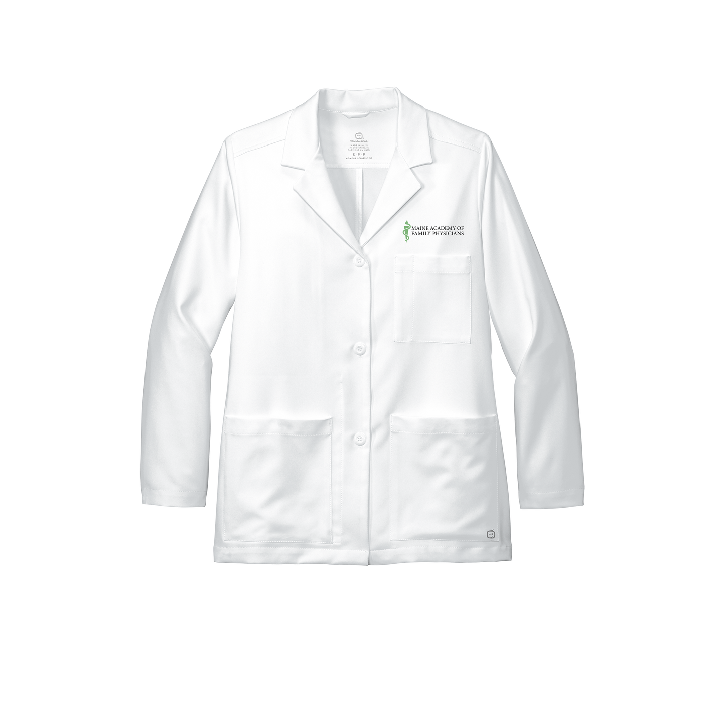 maineafp-wink-womens-lab-coat-short-embroidery-leftchest-WW4072-white-flat-front