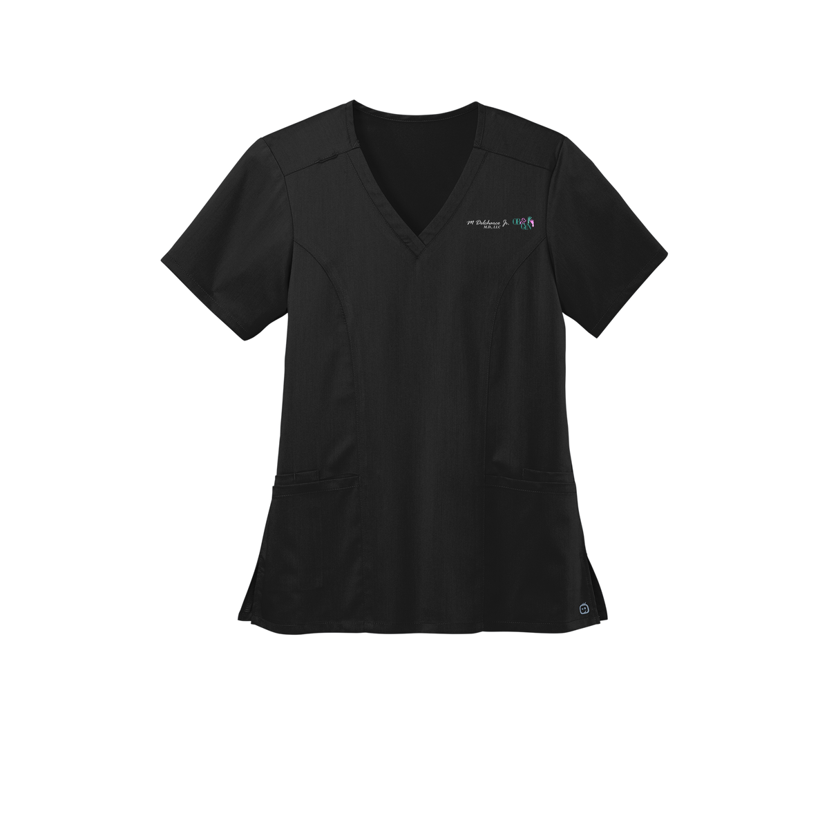 delcharco-wink-womens-premiere-flex-v-neck-embroidery-leftchest-WW4168-black-flat-front