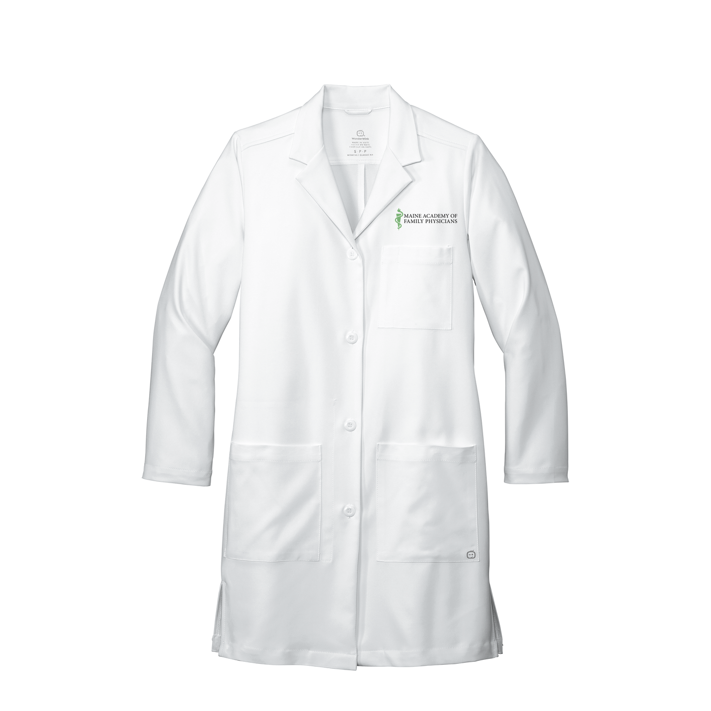 maineafp-wink-womens-lab-coat-long-embroidery-leftchest-WW4172-white-flat-front